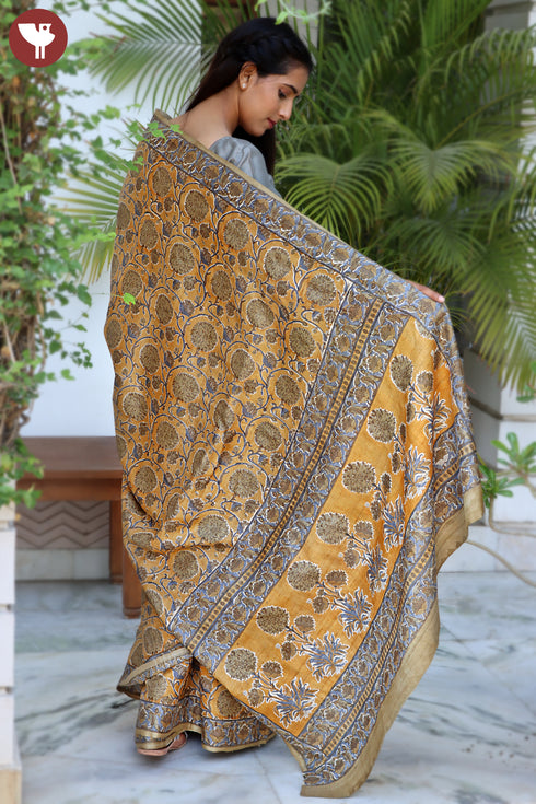 Tussar Silk Saree In Floral Block Print