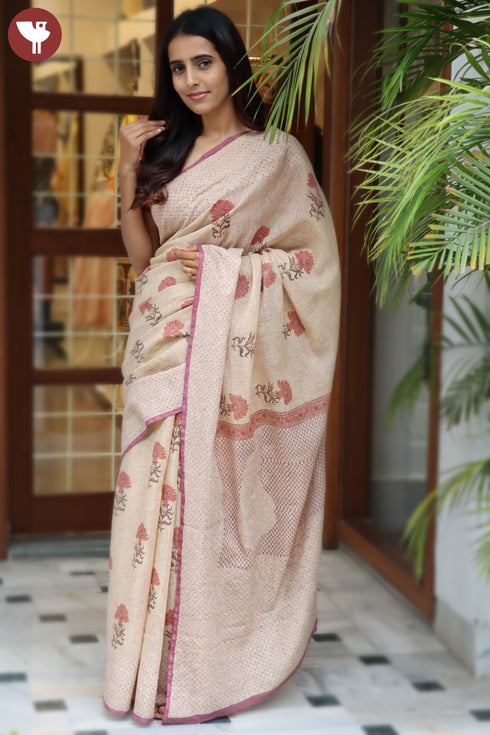 Kota Doria Saree In Block Print with Chikankari Embroidery