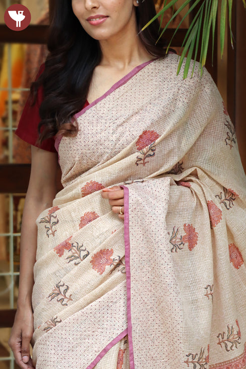 Kota Doria Saree In Block Print with Chikankari Embroidery