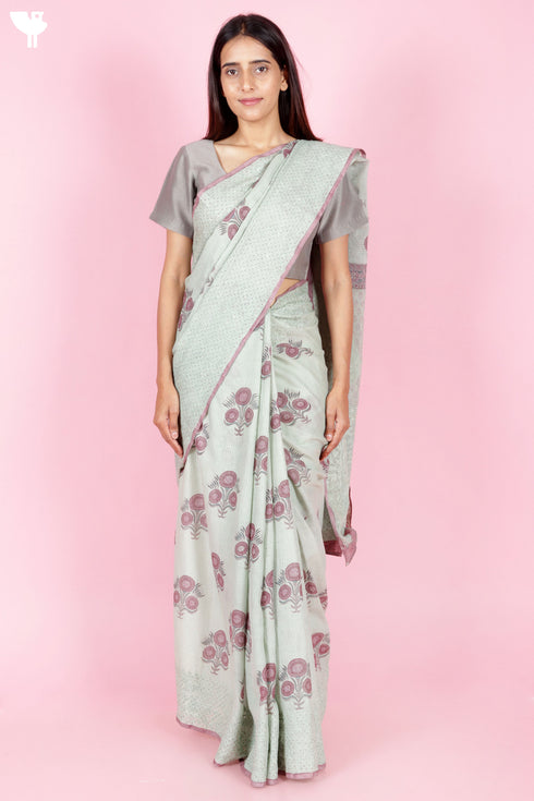 Kota Doria Saree In Block Print with Chikankari Embroidery