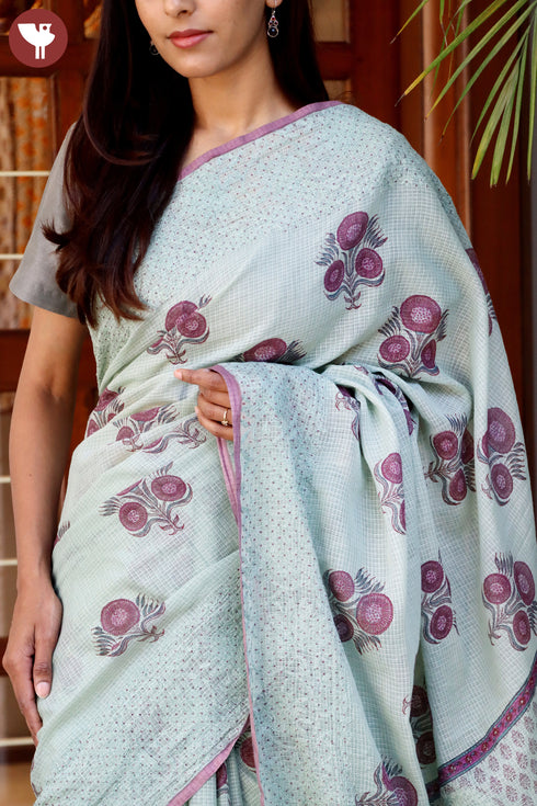 Kota Doria Saree In Block Print with Chikankari Embroidery