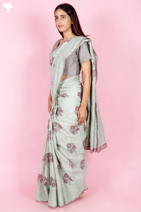 Kota Doria Saree In Block Print with Chikankari Embroidery