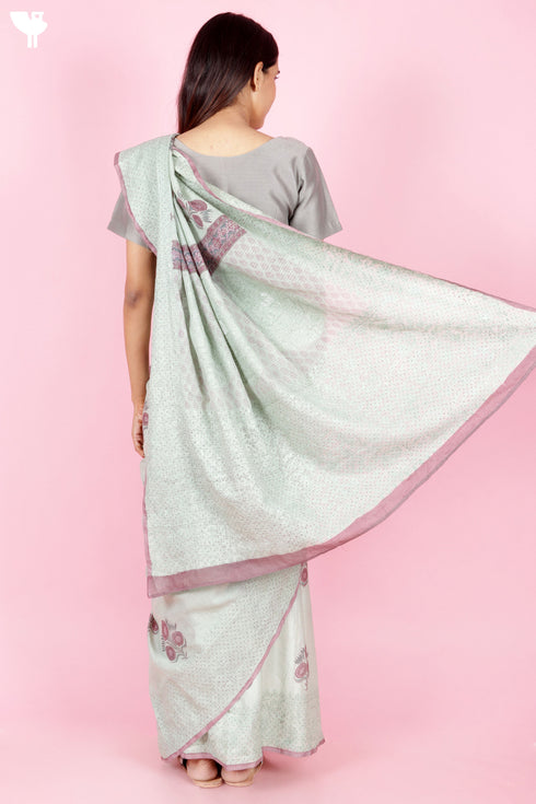 Kota Doria Saree In Block Print with Chikankari Embroidery