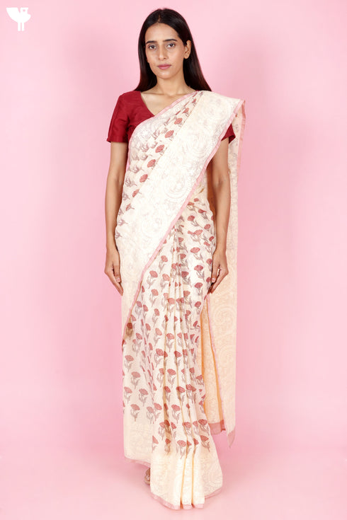 Kota Doria Saree In Block Print with Chikankari Embroidery