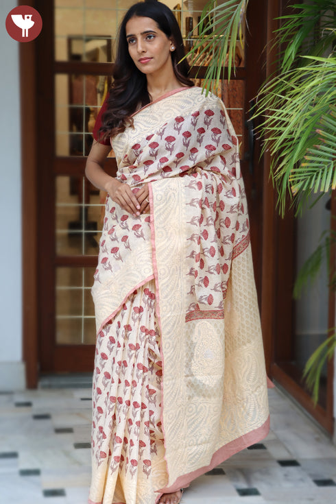 Kota Doria Saree In Block Print with Chikankari Embroidery