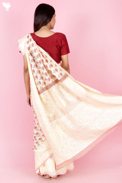 Kota Doria Saree In Block Print with Chikankari Embroidery
