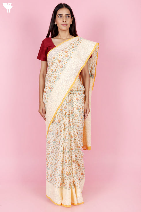 Kota Doria Saree In Block Print with Chikankari Embroidery