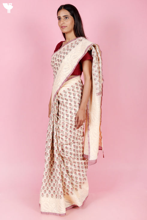 Kota Doria Saree In Block Print with Chikankari Embroidery