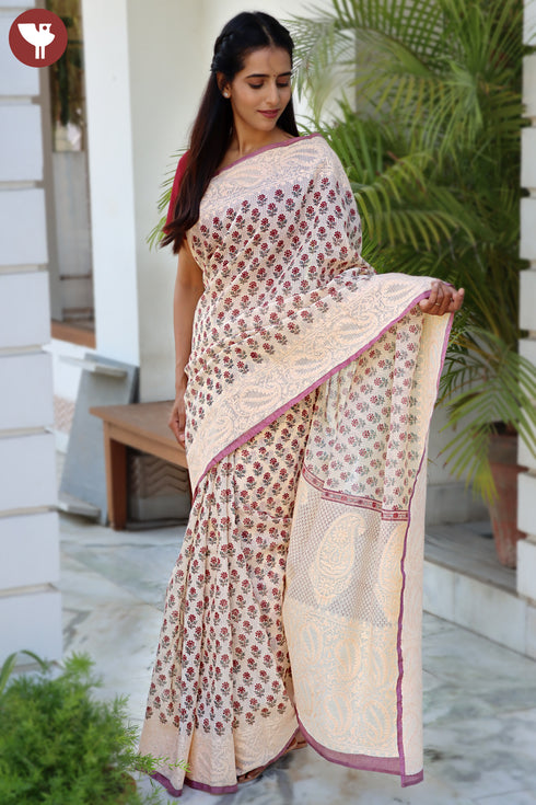 Kota Doria Saree In Block Print with Chikankari Embroidery
