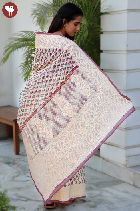 Kota Doria Saree In Block Print with Chikankari Embroidery