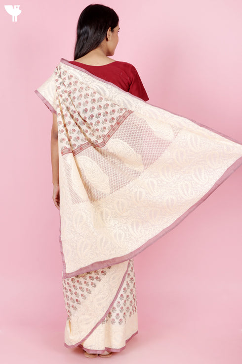 Kota Doria Saree In Block Print with Chikankari Embroidery