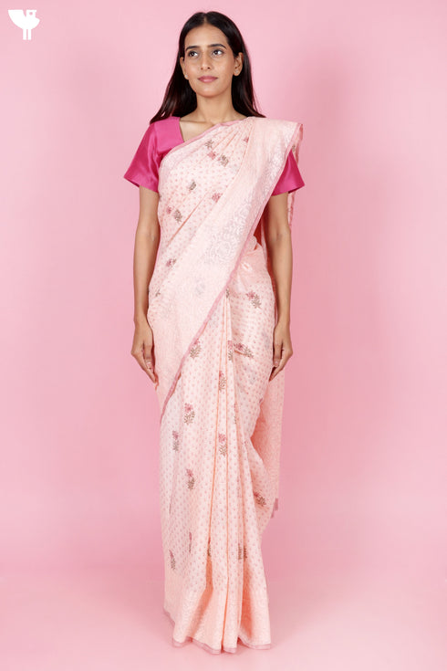 Kota Doria Saree In Block Print with Chikankari Embroidery