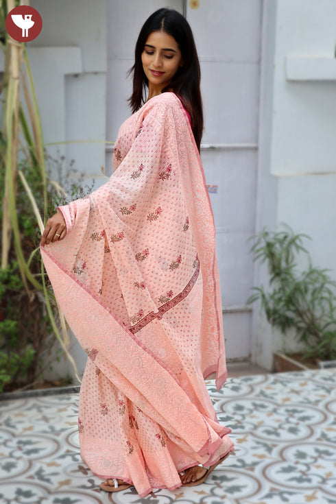 Kota Doria Saree In Block Print with Chikankari Embroidery