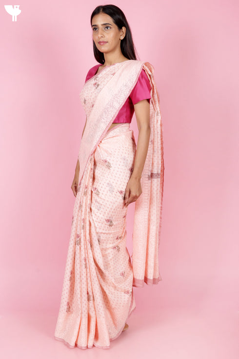 Kota Doria Saree In Block Print with Chikankari Embroidery