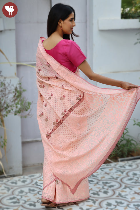Kota Doria Saree In Block Print with Chikankari Embroidery