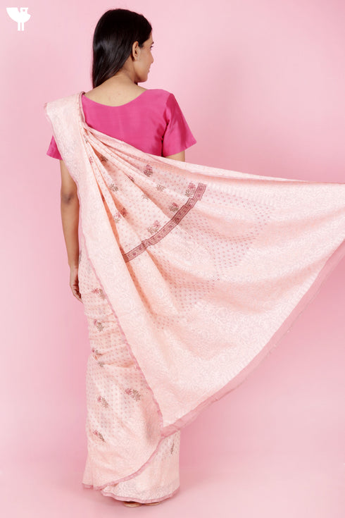 Kota Doria Saree In Block Print with Chikankari Embroidery