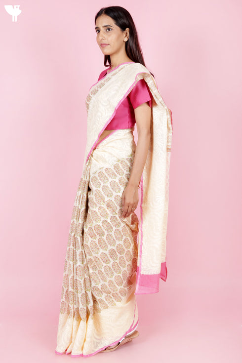 Kota Doria Saree In Block Print with Chikankari Embroidery