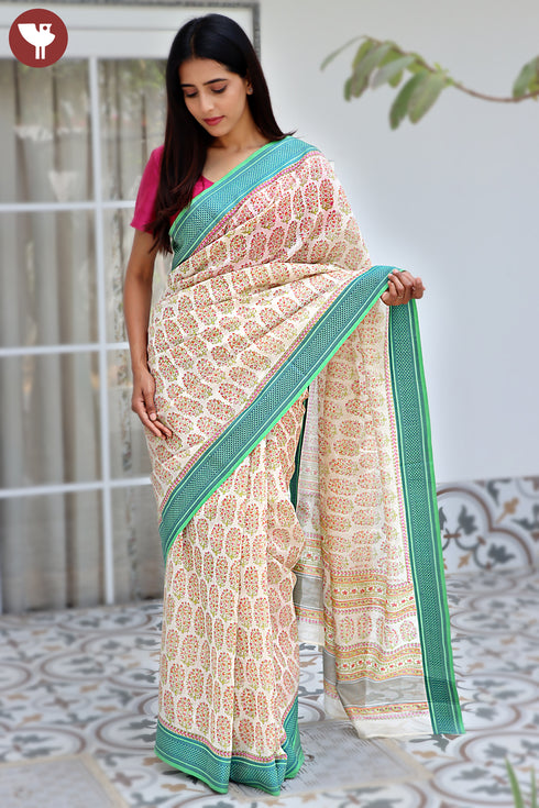 Maheshwari Saree In Floral Block Print