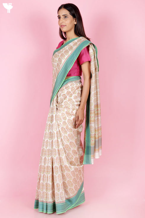 Maheshwari Saree In Floral Block Print