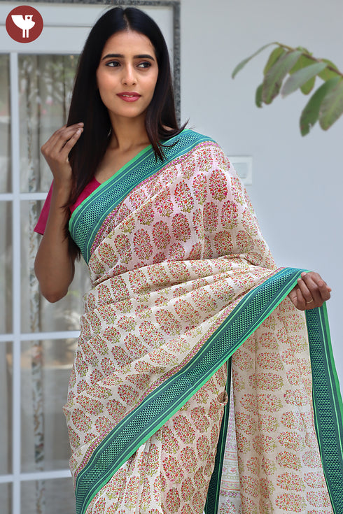 Maheshwari Saree In Floral Block Print