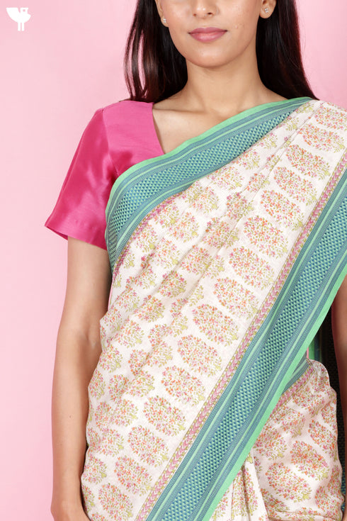 Maheshwari Saree In Floral Block Print
