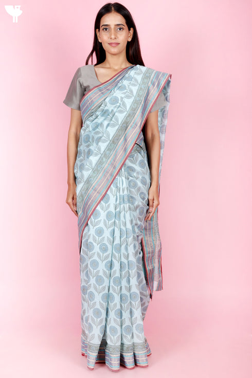 Maheshwari Saree In Floral Block Print