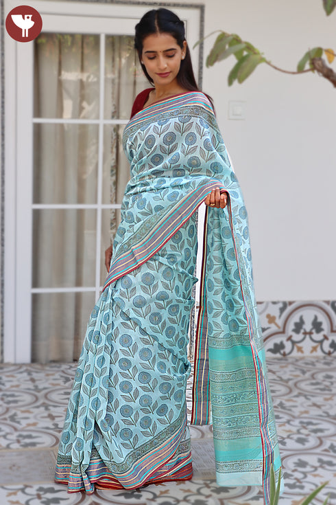 Maheshwari Saree In Floral Block Print