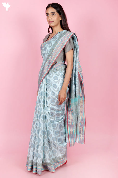 Maheshwari Saree In Floral Block Print