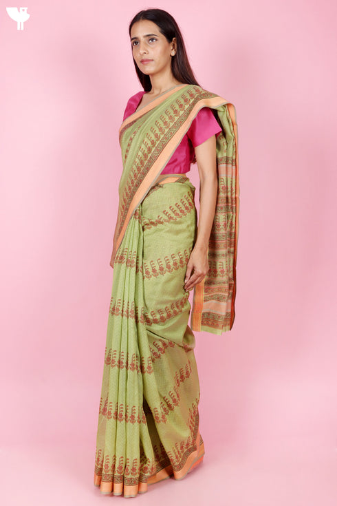 Maheshwari Saree In Floral Block Print
