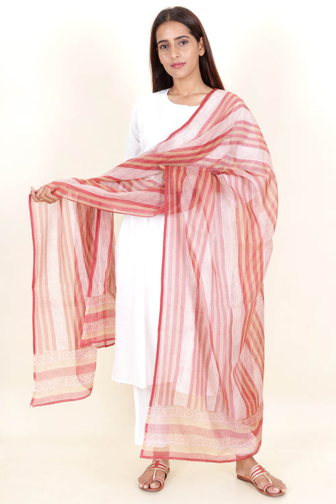 Kota Doria Dupatta In Block Print