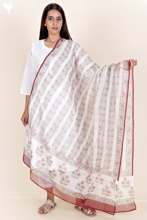 Kota Doria Dupatta In Floral Block Print
