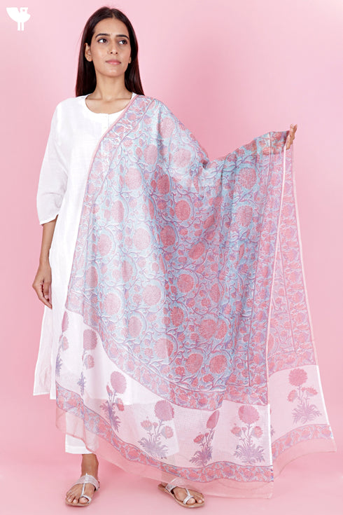Kota Doria Dupatta In Block Print