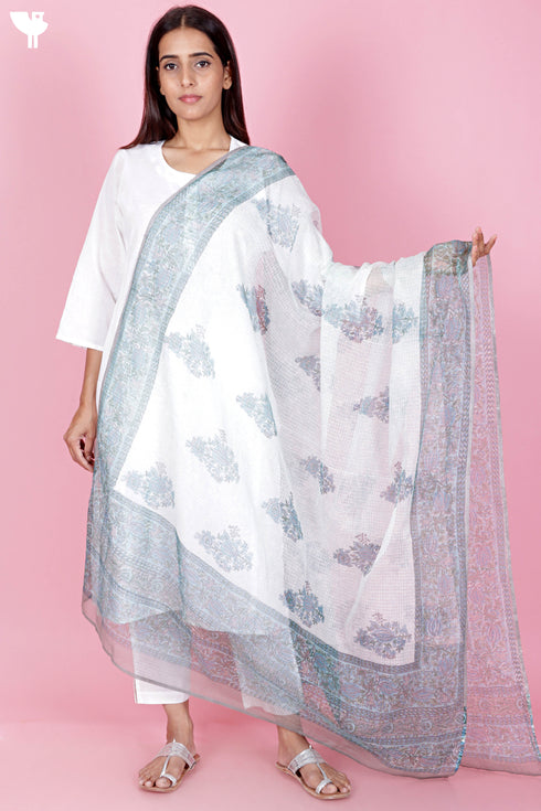 Kota Doria Dupatta In Floral Block Print