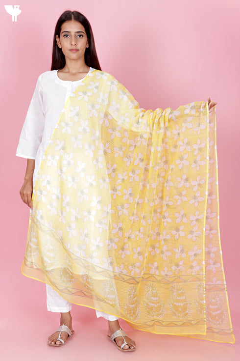 Kota Doria Dupatta In Block Print