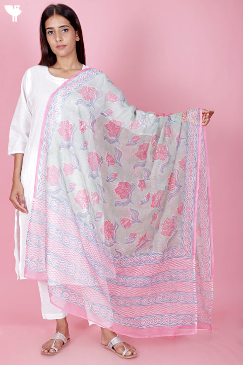 Kota Doria Dupatta In Block Print