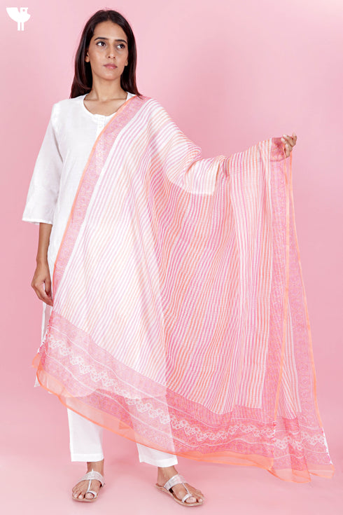 Kota Doria Dupatta In Floral Block Print