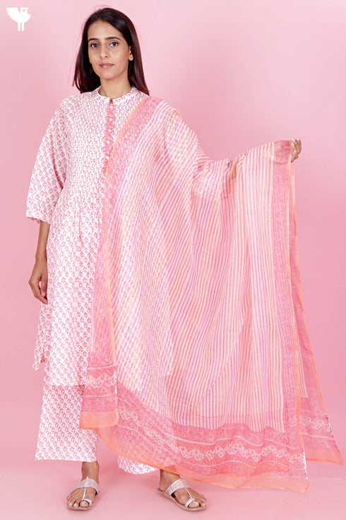 Kota Doria Dupatta In Floral Block Print