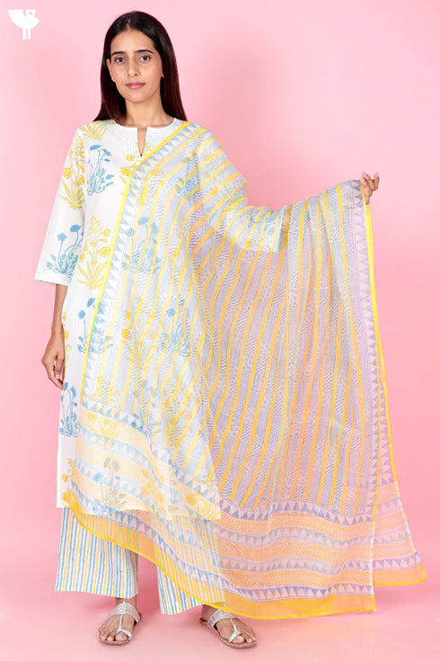 Kota Doria Dupatta With Floral Block Print