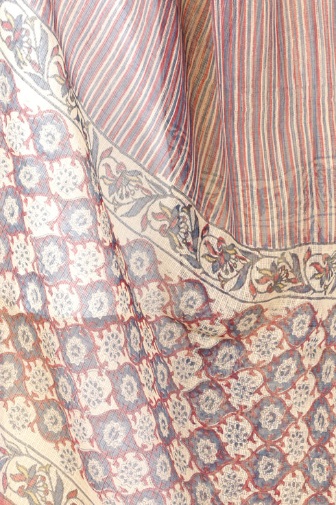 Kota Doria Dupatta With Floral Block Print