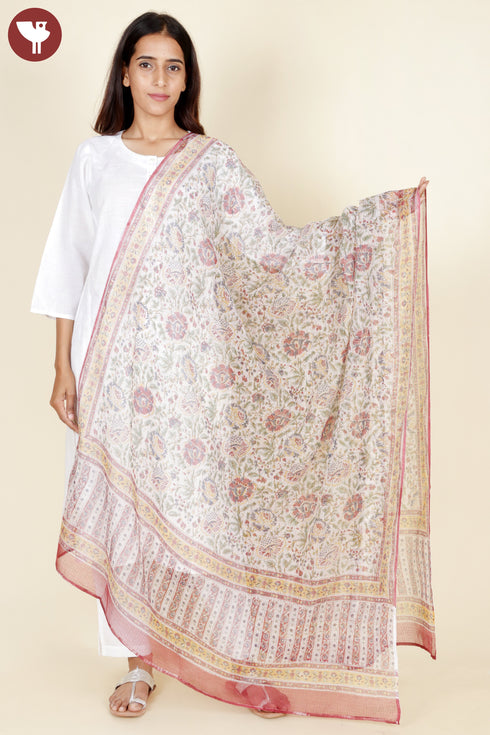 Kota Doria Ivory Dupatta In Floral Block Print
