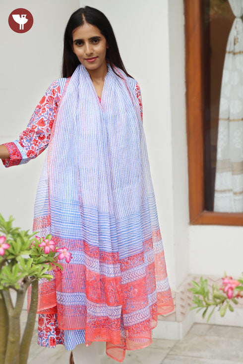 Kota Doria Dupatta With Floral Block Print