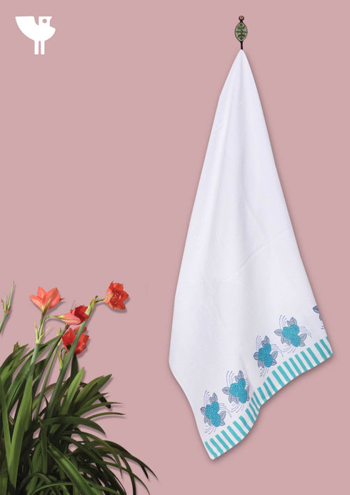Handloom Cotton Bath Towel With Block Print Border