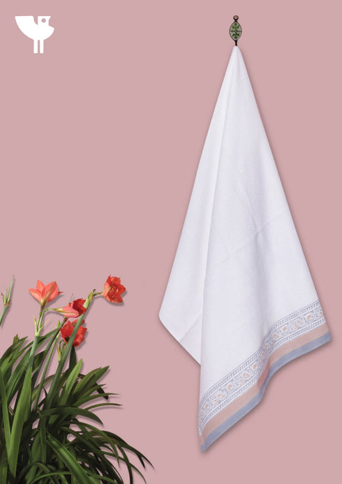 Handloom Cotton Bath Towel With Block Print Border