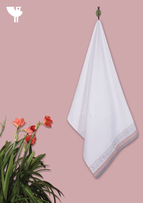 Handloom Cotton Bath Towel With Block Print Border
