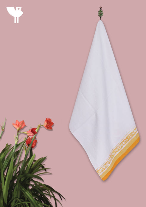 Handloom Cotton Bath Towel With Block Print Border