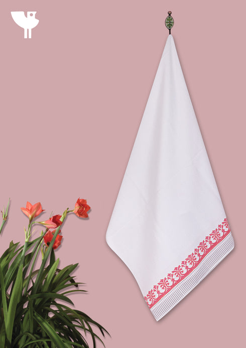 Handloom Cotton Bath Towel With Block Print Border