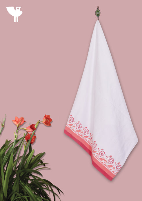 Handloom Cotton Bath Towel With Block Print Border