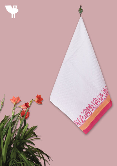 Handloom Cotton Hand Towel With Block Print Border