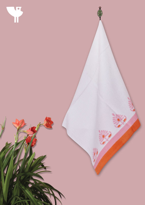 Handloom Cotton Hand Towel With Block Print Border