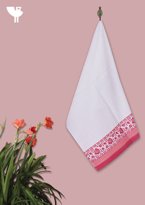 Handloom Cotton Hand Towel With Block Print Border